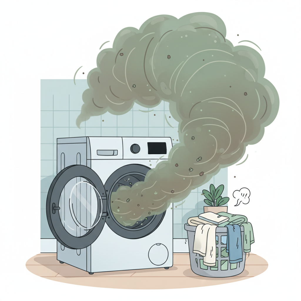 A modern washing machine emitting a visible, swirling cloud of unpleasant green-brown odor from its open door and detergent drawer. A pile of freshly washed clothes nearby looks subtly affected by the smell. The overall scene conveys a sense of frustration and poor hygiene associated with a smelly appliance. Use a clean, digital illustration style with soft shadows and appealing colors, but make the odor cloud clearly discernible as unpleasant. Focus on the visual representation of the bad smell.
