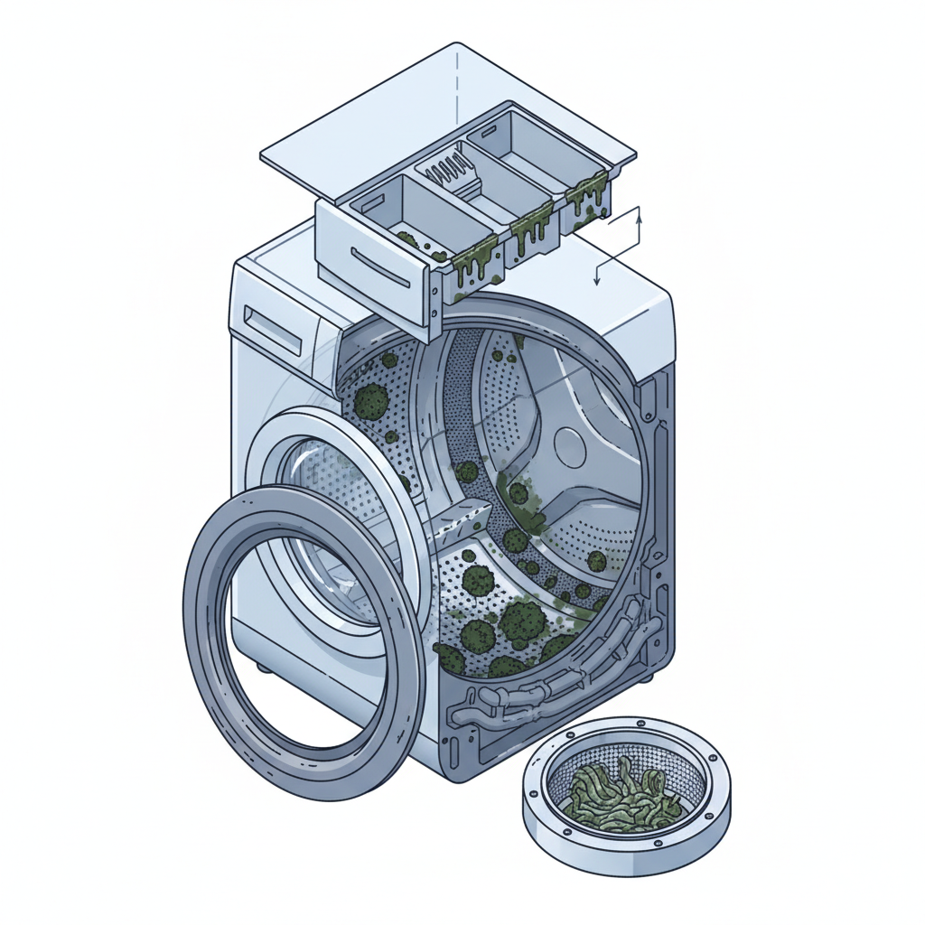 An exploded or cutaway view of a washing machine, highlighting the internal components prone to accumulating dirt and moisture. Emphasize areas like the rubber door seal, the detergent dispenser drawer, the drum's interior, and the lint filter. Within these highlighted zones, illustrate tiny, dark green/black mold spores and bacterial colonies, subtly indicating their presence. The illustration should be in a clear, infographic style with clean lines and a technical but approachable feel, explaining the hidden problem areas.