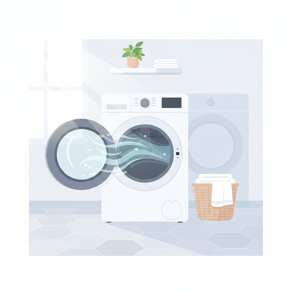 A brightly lit laundry room scene featuring a modern washing machine with its loading door deliberately left ajar after use. A subtle visual cue, like a gentle breeze or light rays, suggests air circulation and drying. In contrast, a shadow or faint outline of a closed washing machine door could be subtly implied in the background. The style should be a crisp, flat illustration with a focus on cleanliness and good practice, conveying a sense of proper ventilation and prevention.