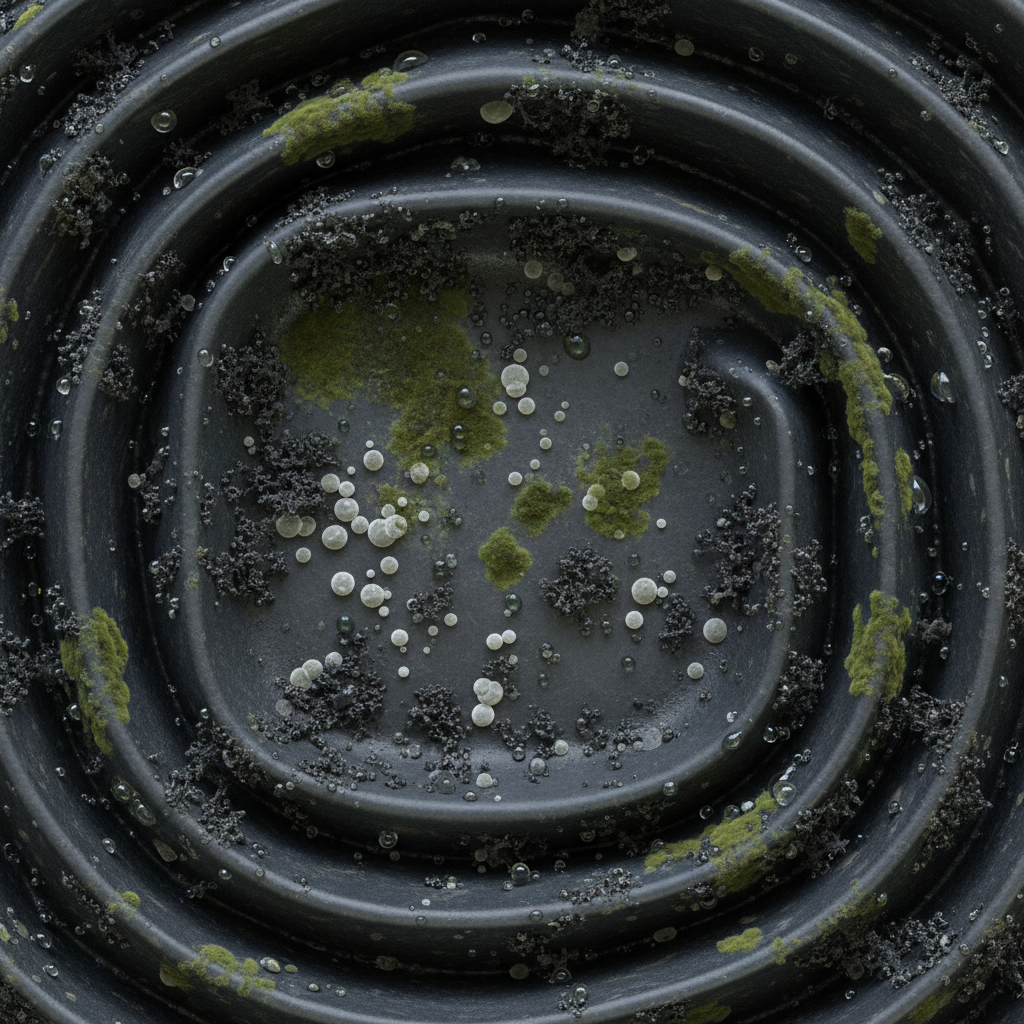 A highly detailed macro photograph-style illustration showing a close-up of a rubber washing machine door seal. The crevices of the seal are visibly covered in dark, slimy residue, depicting small patches of green and black mold growth and tiny, microscopic bacterial clusters. Moisture droplets might be visible within the grime. The focus is on the unpleasant, accumulated biological matter, illustrating the prime breeding ground for odors. Use a realistic, almost scientific illustration approach with sharp detail.
