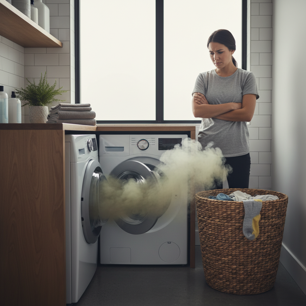 A front-loading washing machine in a modern laundry room setting. The machine door is slightly ajar, and a visible, slightly green/brown, wavy cloud of foul-smelling vapor is emanating from inside, hinting at an unpleasant odor. A basket of freshly washed laundry next to it looks less than fresh, with a subtle discoloration or dullness. The overall atmosphere should convey frustration or dissatisfaction. Professional photo style with soft, natural lighting.