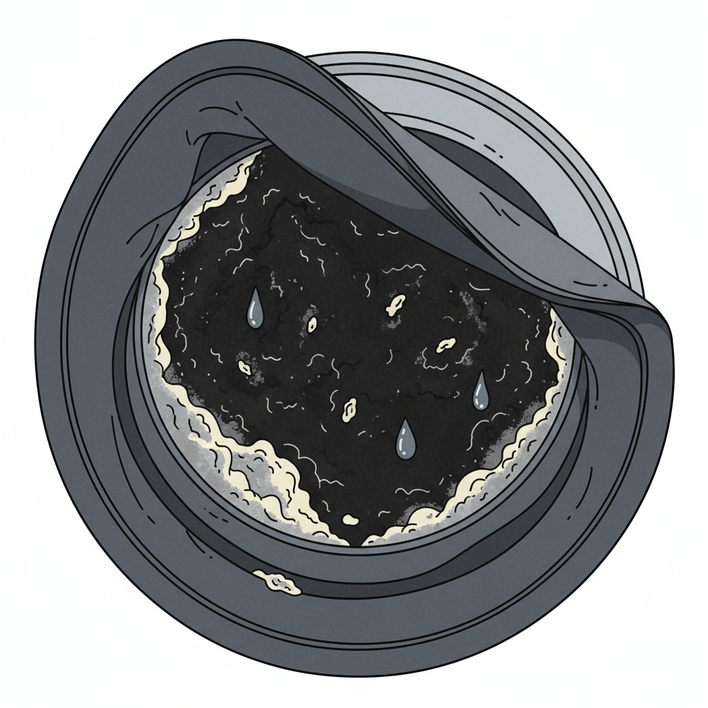 A detailed close-up illustration of the interior of a washing machine's rubber door seal (Manschette). The dark grey rubber gasket is pulled back slightly, revealing significant accumulation of black mold, soap scum, and lint particles in its folds. Drops of stagnant water are visible within the grime. The background is softly blurred, focusing entirely on the dirty seal. Flat illustration style with clear outlines and subtle texture, emphasizing the unsanitary buildup.