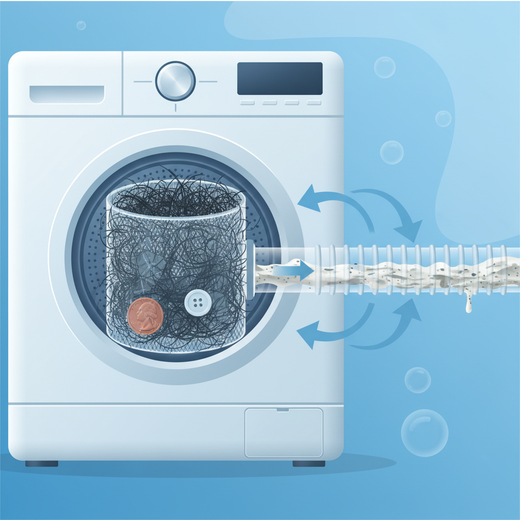 An infographic-style illustration showing a cutaway view of the lower section of a washing machine. The lint filter compartment is clearly visible, with the filter heavily clogged with hair, textile fibers, and a few small foreign objects like a button or coin. Adjacent to this, a section of the drain hose is transparent, revealing a thick layer of grease, soap residue, and fibers obstructing the water flow. Arrows indicate restricted water movement. Clean, modern aesthetic.