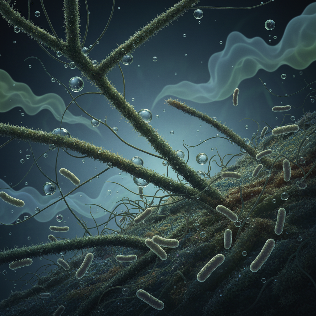A stylized microscopic view depicting a vibrant ecosystem of bacteria and mold spores thriving in a damp, dark environment. The scene features various shapes of microorganisms – some filamentous (mold), some rod-shaped or spherical (bacteria) – in shades of green, black, and brown. Droplets of water are present, and subtle wavy lines or faint cloud-like shapes represent the volatile organic compounds (VOCs) being released. Scientific illustration style, clean and focused on biological details.