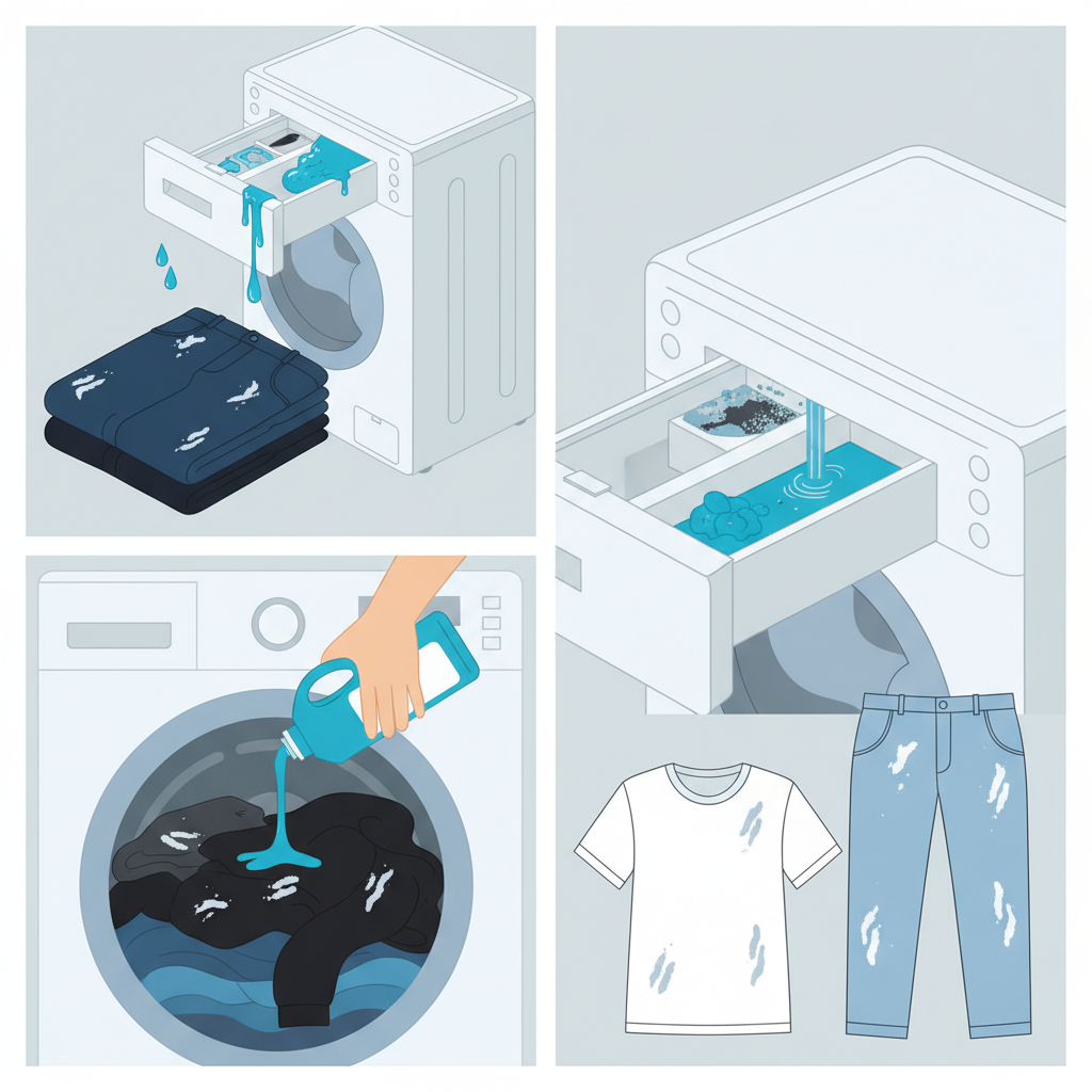 A detailed flat illustration depicting various common causes of detergent stains. The scene features a modern washing machine. One section shows an overflowing detergent dispenser compartment, with stylized detergent liquid spilling out. Another part illustrates a hand pouring concentrated liquid detergent directly onto a pile of dark, dry clothes inside the washing machine drum. A third element could be a cross-section view of a clogged or dirty detergent drawer, with water flow clearly obstructed. Subtle white or grey streaks are visible on the depicted garments, symbolizing the resulting stains. The overall style is clean, informative, and visually emphasizes the mistakes.