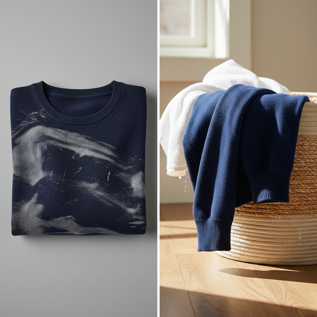 A dynamic professional photo capturing the before and after of a laundry mishap. On one side, a dark, neatly folded t-shirt or sweater is prominently displayed, marred by distinct white and grey streaky detergent stains across its surface. The lighting emphasizes the unsightly residue. On the other side, the exact same garment is shown pristine and spotless, perfectly clean and vibrant, perhaps draped over a clean laundry basket or hung to dry, radiating freshness. The composition creates a clear visual contrast between the stained and the perfectly clean state, conveying relief and success.