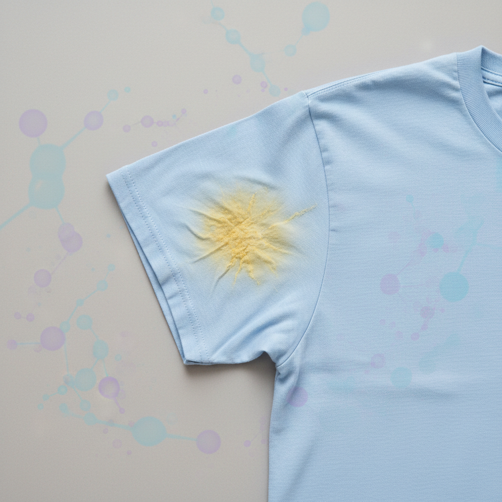 A clean, professional photo showcasing a light-colored, possibly white or pale blue, t-shirt. The focus is on the underarm area, where a prominent, unsightly yellow sweat stain is clearly visible, subtly spreading into the fabric. The fabric should appear slightly textured, emphasizing the stain's adherence. Around the stained area, subtle, abstract, swirling lines or faint molecular shapes in a contrasting color (e.g., light blue or purple) could hint at the underlying chemical reactions of sweat and deodorant without being overly literal. The overall mood should convey the common frustration associated with such stubborn garment discoloration, suitable for a blog post introduction.