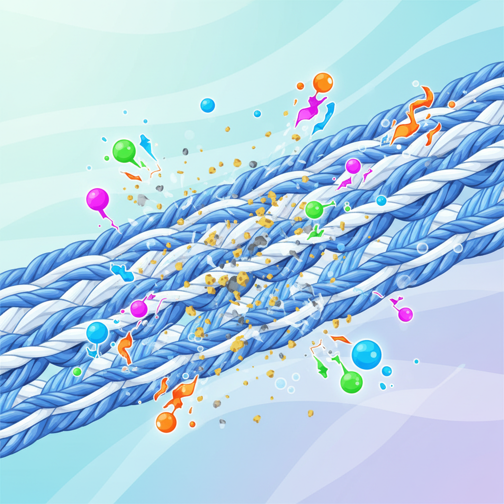 An infographic-style illustration depicting the microscopic action of a specialized detergent on a sweat stain. The image should feature a magnified cross-section of fabric fibers, with small, abstract yellow-brown particles deeply embedded within them, representing the sweat and deodorant residues. Stylized detergent molecules, perhaps represented as energetic, colorful spheres or abstract enzymatic shapes, are actively surrounding, breaking down, and lifting these stain particles away from the fibers. The background could show a gradient suggesting water or a cleaning solution, highlighting the process of dissolution and removal in a clean, scientific, and visually engaging manner.