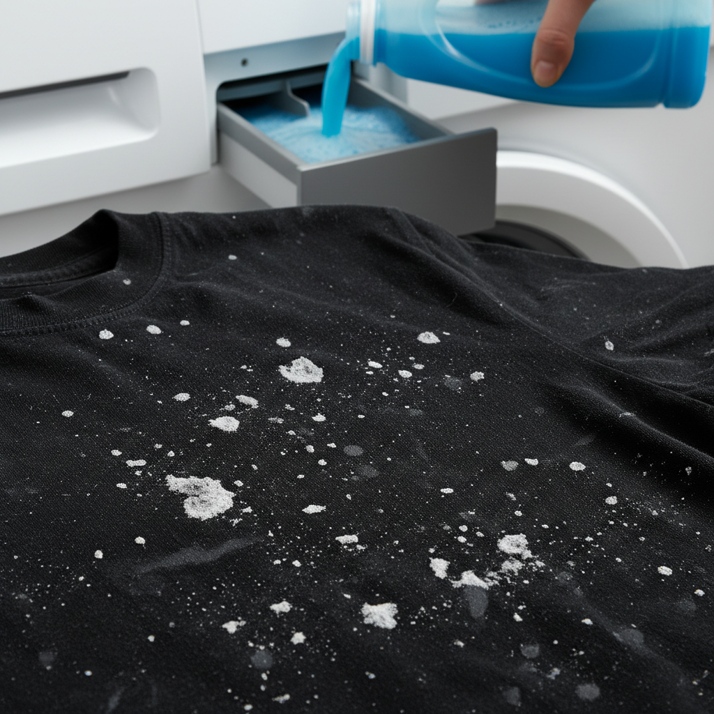 A close-up, professional photo of a wrinkled black t-shirt or garment, clearly showing visible white or light grey streaks and dried spots of detergent residue on its surface. The texture of the dark fabric should be prominent, with the stains sharply contrasted. In the background, slightly out of focus, a hand is pouring an exaggerated, overflowing amount of concentrated liquid laundry detergent from a bottle into a washing machine dispenser, visually emphasizing the concept of 'overdosing' as a cause of the stains. The lighting should highlight the flecks.