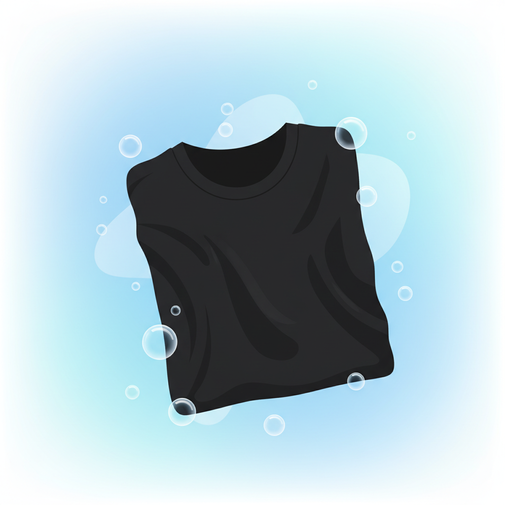 A clean, modern flat illustration depicting a pristine, deep black folded t-shirt or a piece of flowing black fabric, looking fresh and perfectly clean. The fabric should be the central focus, emanating a sense of renewed quality. Surrounding it, delicate, stylized water droplets or effervescent bubbles are subtly depicted, suggesting a thorough and effective cleaning process. The background is bright and airy, hinting at cleanliness and optimal washing conditions, with soft blues and whites to enhance the 'fresh' feeling.