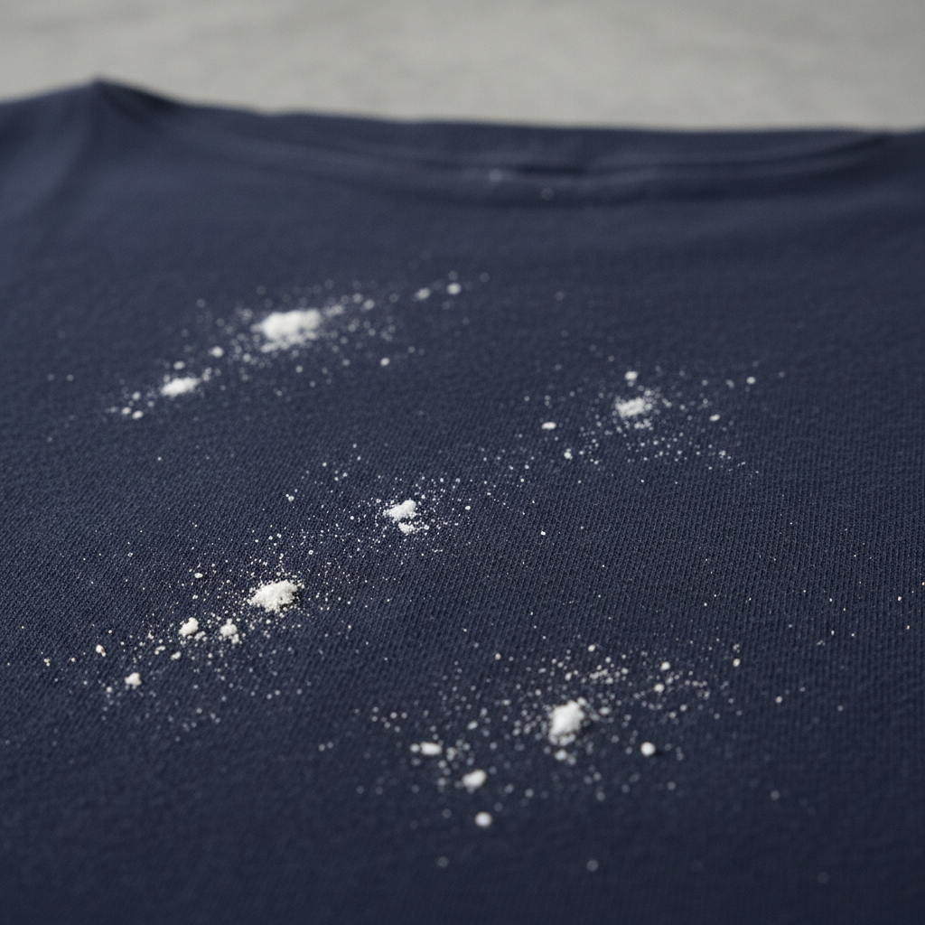 A high-detail, realistic close-up photo of a dark navy blue or black t-shirt fabric. Visible on the fabric are multiple distinct white, powdery detergent residue stains, some appearing slightly crusted, contrasting sharply with the dark textile. The fabric should have a visible, soft texture. The lighting is bright and even, emphasizing the unwanted residue. The overall image should evoke the common problem of laundry detergent stains after washing, presented in a clean, professional product photography style suitable for a practical guide. The background is softly blurred to focus entirely on the stained fabric.