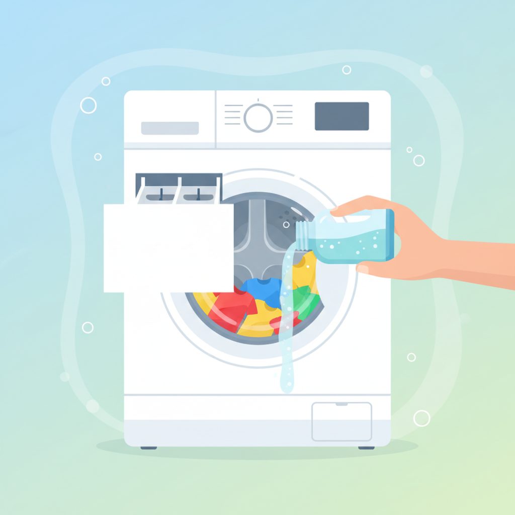 A vibrant, clean flat illustration in a modern, infographic-like style depicting the proper use of a washing machine for stain prevention. A hand, reaching from the right, holds a measuring cup or a detergent bottle cap, precisely pouring liquid laundry detergent into a sparkling clean washing machine dispenser drawer. The drawer is positioned on the left side, slightly open. In the background, through the washing machine's circular door, blurred colorful clothes are visible, gently tumbling within the drum, suggesting a wash cycle in progress. The scene emphasizes correct dosage and a well-maintained machine.