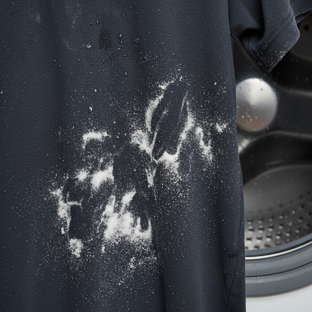 A close-up, professional photo of a dark blue or black t-shirt, fresh out of the wash, with distinct white, powdery washing powder residue stains clearly visible on its surface. The fabric should appear slightly damp, emphasizing the contrast. In the background, subtly blurred, a washing machine drum could be hinted at, suggesting the origin. The overall mood should convey a common laundry mishap, highlighting the core issue the article addresses.
