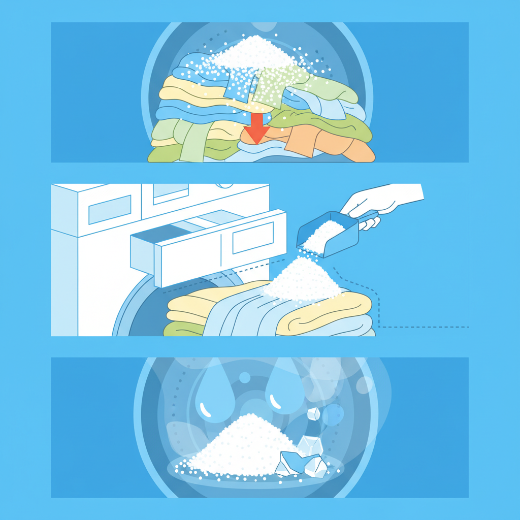 A clean, flat illustration in an infographic style depicting several common causes of washing powder stains. The scene should be divided into sections or small vignettes. One section could show an overloaded washing machine drum. Another might display a washing powder compartment with powder spilling directly onto dry clothes. A third could illustrate cold water drops hitting washing powder that isn't dissolving. The color palette should be bright and clean, using simple visual metaphors to convey each issue clearly and directly.