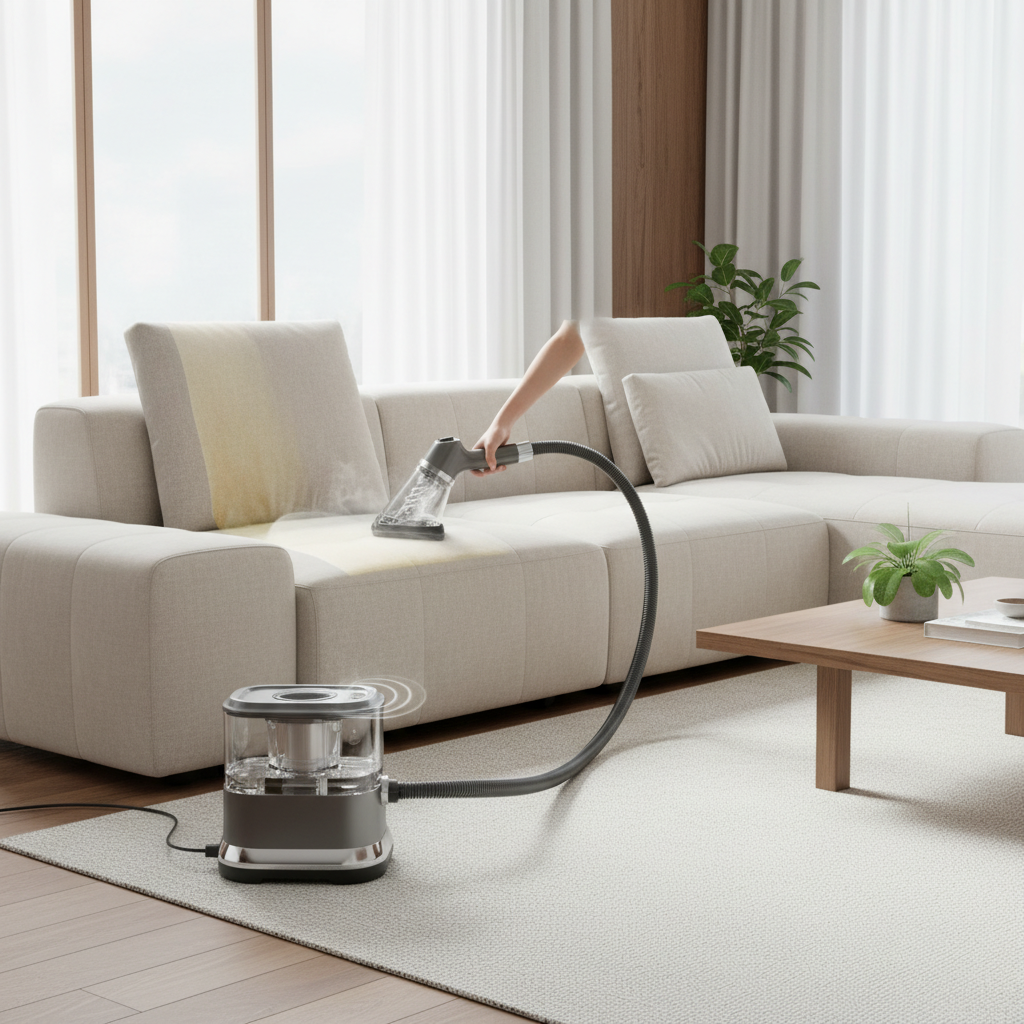 A professional photo or realistic digital painting of a modern living room scene. A sleek, contemporary upholstery cleaner (Waschsauger Polster) is actively used on a light-colored fabric sofa cushion. One portion of the cushion appears visibly cleaner and refreshed, contrasting with an adjacent area that still shows subtle signs of dirt or a faint stain, effectively demonstrating the 'before and after' effect. The device's hand tool is in motion, with a subtle visual representation (like a faint mist or suction effect) indicating the cleaning process. The overall atmosphere is bright, clean, and aspirational, showcasing effective deep cleaning.