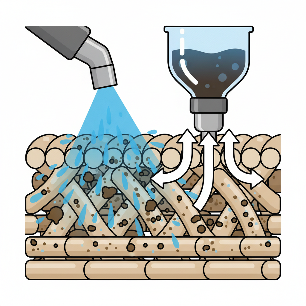 A detailed infographic-style illustration explaining the 'Sprühextraktion' (spray extraction) process. The image should feature a magnified cross-section of upholstery fabric fibers. Visualize a cleaning solution (represented by blue liquid) being sprayed onto the fibers, penetrating deep, and encapsulating dirt particles (small brown or grey specks). Simultaneously, a powerful suction effect, indicated by arrows, pulls the dirty solution and dissolved grime away from the fabric and into a separate collection area. The illustration should be clean, clear, and visually explain the deep cleaning mechanism without any text.