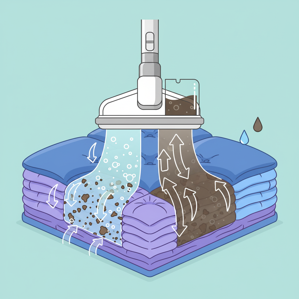 A dynamic, explanatory infographic-style illustration depicting the three-step cleaning process of a wash vacuum on a sofa. The image should feature a cross-section of a sofa cushion, with a wash vacuum nozzle positioned above it. Arrows should clearly show clean water and cleaning solution spraying deeply into the fabric fibers, dissolving dirt. Simultaneously, a separate set of arrows should illustrate the powerful suction pulling the dirty, murky water and loosened grime back into the nozzle, leaving the fibers clean and refreshed. Use bright, clean colors to differentiate clean liquid from dirty liquid, emphasizing the deep cleaning action. No text.