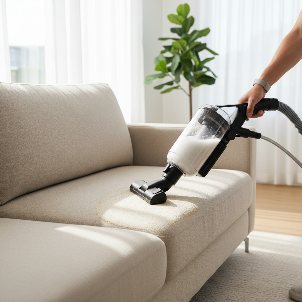 A high-quality, professional photo-realistic image showcasing a modern wash vacuum cleaner in action on a contemporary sofa in a bright, inviting living room. The shot should be a close-up on the sofa cushion where the cleaning head is being operated by a person's hand. One section of the sofa, already cleaned, appears vibrant, fluffy, and impeccably fresh, while an adjacent section still shows subtle signs of use or minor discoloration, providing a clear visual contrast of the deep cleaning effect. Emphasize light and freshness. No text or logos.