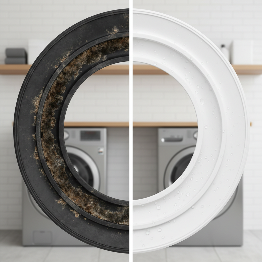 A professional, high-definition photo showcasing a close-up contrast of a washer-dryer's rubber door seal. One half of the image depicts the seal covered in dark, grimy mold spots and soap residue, appearing visibly unhygienic and neglected. The other half shows the same seal sparkling clean, pristine white, and completely free of any dirt or residue. A subtle, blurred modern laundry room provides the backdrop, emphasizing the dramatic transformation from dirty to perfectly clean. The focus is sharp on the seal, highlighting the visual impact of regular maintenance.