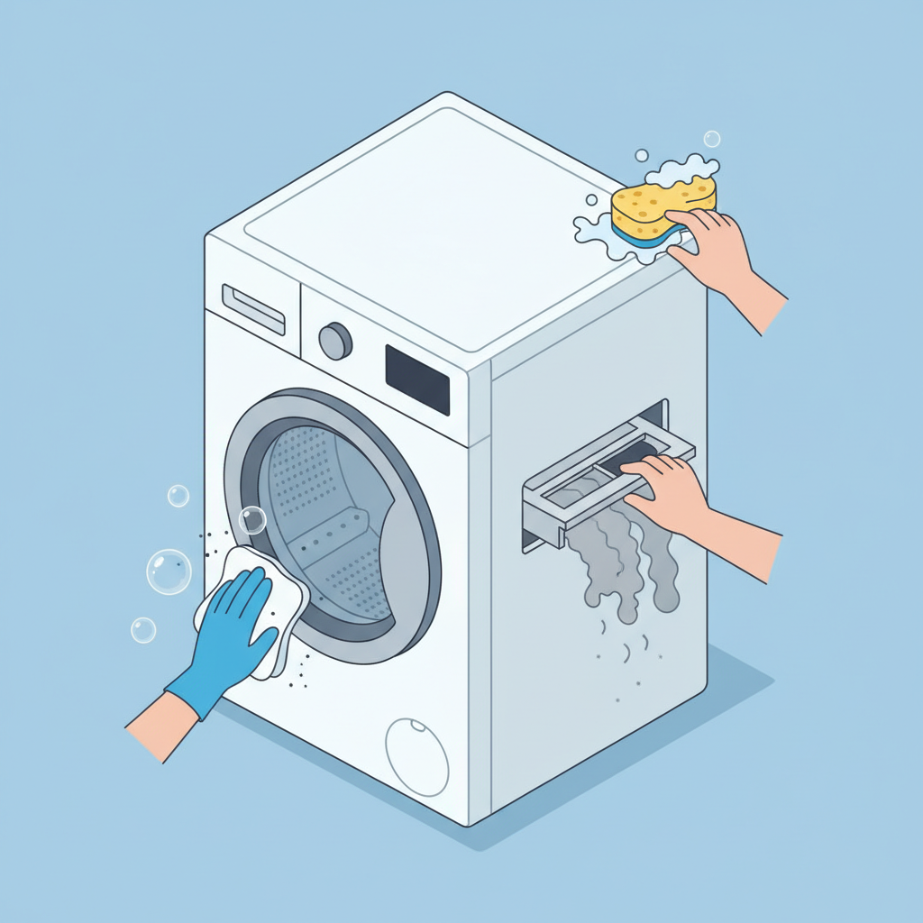 A clean, flat illustration with a slightly isometric perspective of a generic, modern white washer-dryer. The illustration should visually highlight three key areas of cleaning: a hand in a blue glove wiping the rubber door seal clean, another hand pulling out a lint filter visibly full of gray lint, and a sponge cleaning the detergent dispenser drawer. Subtle bubbles or water droplets around the cleaning actions can suggest freshness. The overall style is infographic-like, clean, and easy to understand, emphasizing the distinct components and systematic nature of the cleaning tasks.