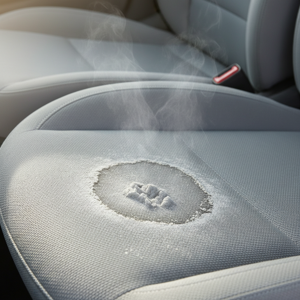 A close-up professional photo of a car seat made of light grey fabric, showing a prominent, circular water stain with a slightly darker edge. The texture of the fabric should be clearly visible. A subtle, almost translucent visual effect of evaporating water could be seen rising from the edges of the stain, emphasizing the mineral residue left behind. Soft, natural lighting from a car window illuminates the scene, highlighting the imperfection on the otherwise clean seat.