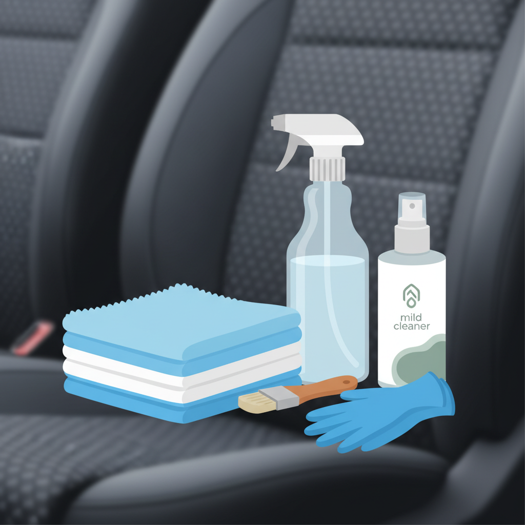 A vibrant, clean flat illustration showcasing essential cleaning tools neatly arranged. In the center, several soft, folded microfiber cloths in light blue and white. Next to them, a clear spray bottle filled with transparent liquid, representing distilled water. A sleek, generic bottle of 'mild cleaner' stands nearby. The composition should suggest preparedness and organization, possibly with a hint of a car seat upholstery pattern subtly in the background, out of focus. Bright, even lighting with a crisp, modern aesthetic.