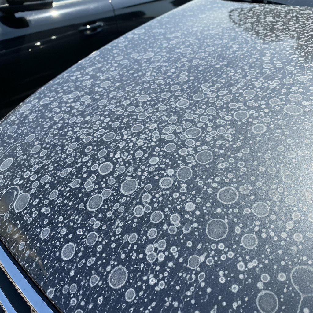 A close-up, high-detail professional photo of a dark-colored car's hood or side panel, heavily affected by visible water spots. The sunlight should reflect off the paint, highlighting the distinct, round, white mineral deposits and etching patterns, making the surface appear dull and blemished. In the background, a small, clean, glossy section of the same car could be subtly blurred to contrast the damaged area, emphasizing the need for restoration. The overall mood should be slightly frustrating but highlight the visible problem clearly.