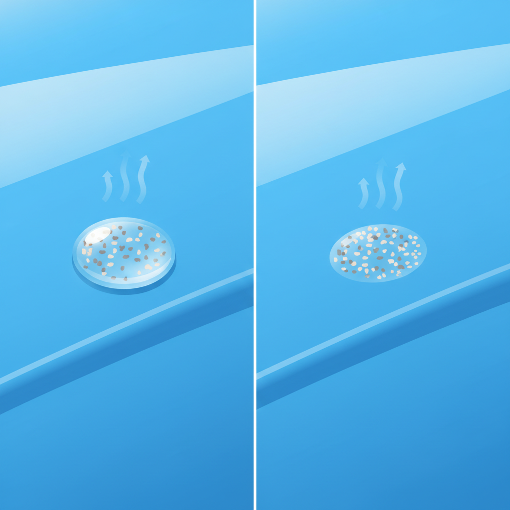 A clear and concise flat illustration in an infographic style, depicting the formation of water spots on a car's clear coat. Show a droplet of water on a glossy car surface, with small, distinct mineral particles (represented as tiny colored dots, e.g., grey or beige) suspended within it. In a sequential panel or motion, illustrate the water evaporating upwards as vapor, leaving behind a concentrated cluster of these mineral particles as a visible spot on the car's clear coat. Use a bright, clean color palette for the car surface and water to contrast with the mineral residue.