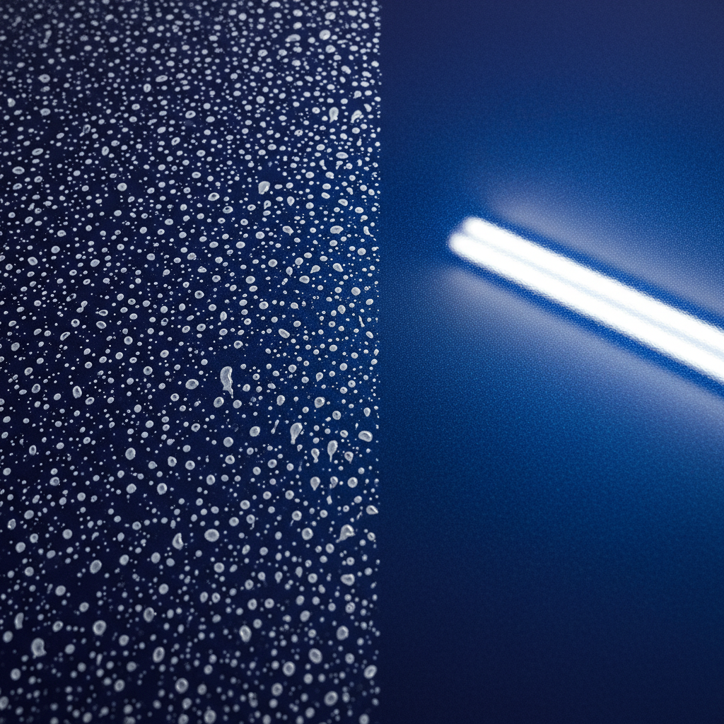 A close-up, high-detail professional photo of a dark, glossy car surface (e.g., black or deep blue). One section of the paint is heavily covered in numerous distinct, circular white and milky water spots, some appearing slightly etched, reflecting light unevenly. Adjacent to it, another section of the same car panel is perfectly clean, reflecting a sharp, unblemished sheen with a clear highlight. The contrast should be stark, clearly highlighting the visual imperfection caused by the water spots against the deep, mirror-like finish. The lighting should emphasize the texture and depth of the paint, making the spots clearly visible against the deep color.