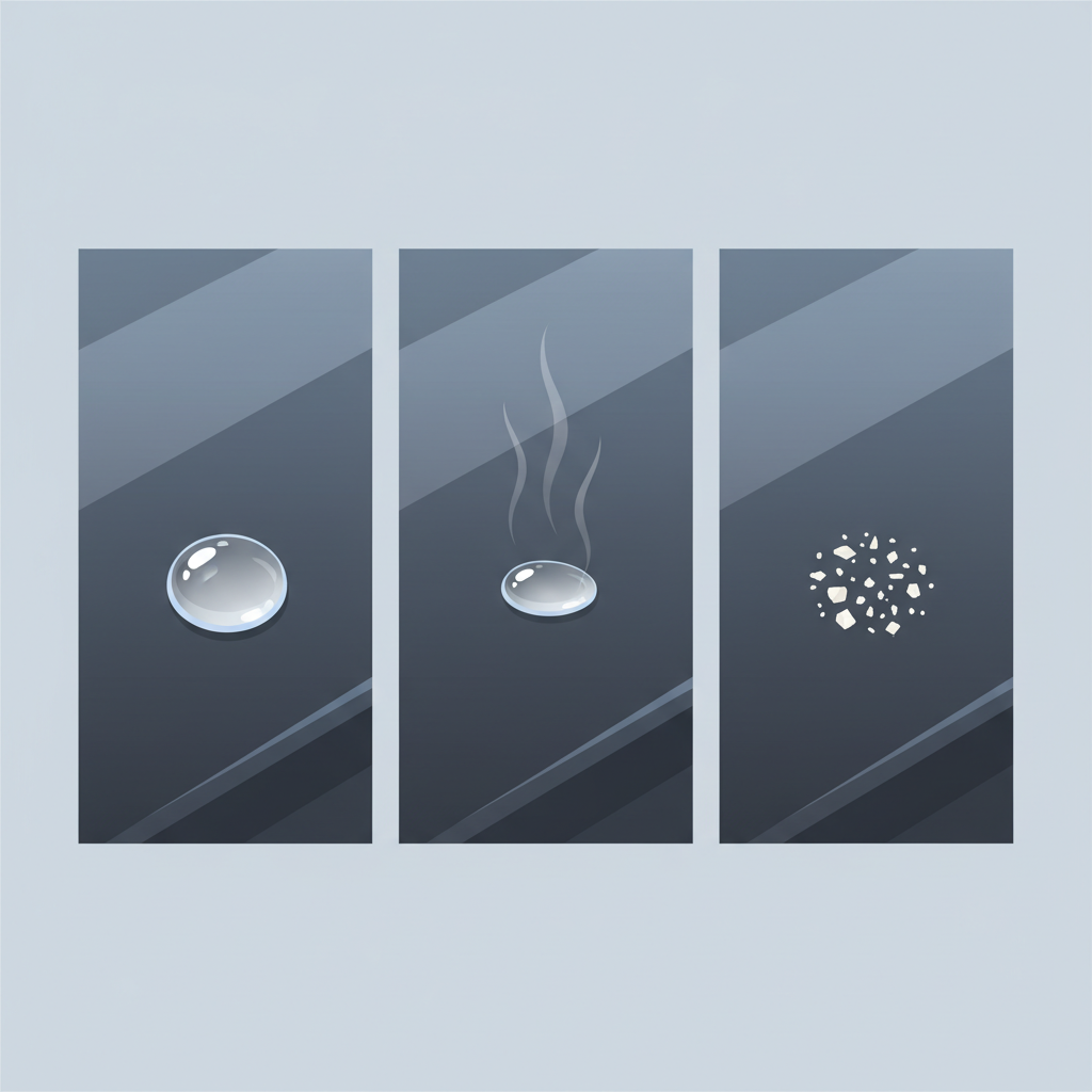 A clean, modern flat illustration depicting the sequential process of water spot formation on a simplified car surface. The illustration should be divided into three stages: 1. A streamlined, dark car panel with a single, clear water droplet sitting prominently on it. 2. The same car panel, but the water droplet is visibly diminishing in size, with subtle, translucent vapor lines rising from its surface, indicating evaporation. 3. The water droplet is completely gone, leaving behind a small cluster of stylized, white mineral residue particles on the exact spot where the droplet was, clearly representing a fully formed water spot. The overall style should be infographic-like, using simple shapes and a limited color palette.