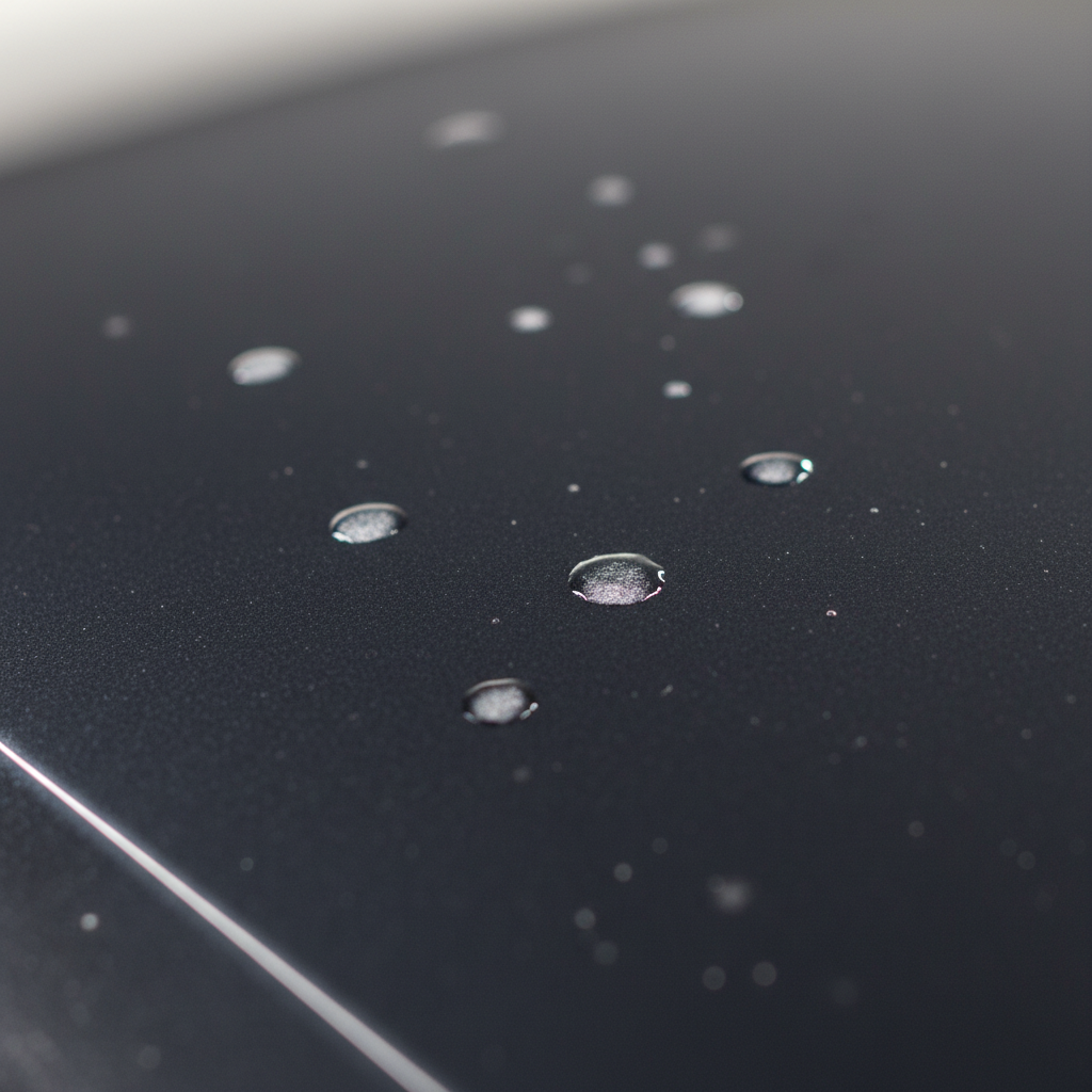 A close-up, high-definition macro shot of a dark, metallic car's clear coat, shimmering under soft light. The glossy surface is visibly marred by several distinct, slightly opaque, whitish water spots. The image should subtly suggest the crystalline mineral deposits left behind as water evaporates, perhaps with a slight texture or halo effect around the spots. The overall impression should convey the frustration of persistent water stains on a vehicle's otherwise pristine paint. Professional photo style with shallow depth of field.