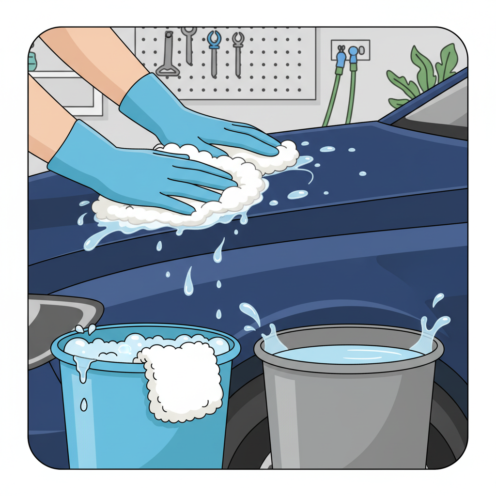 A bright and clean flat illustration depicting a careful car washing process. A pair of hands, wearing protective gloves, gently wipes a section of a dark car's hood with a soft, foamy wash mitt. In the foreground, two distinct buckets are clearly visible: one filled with soapy water and a second clean wash mitt, and the other with clear rinse water. The background shows a subtle, blurred indication of a garage or outdoor car wash setting, emphasizing the removal of water spots.