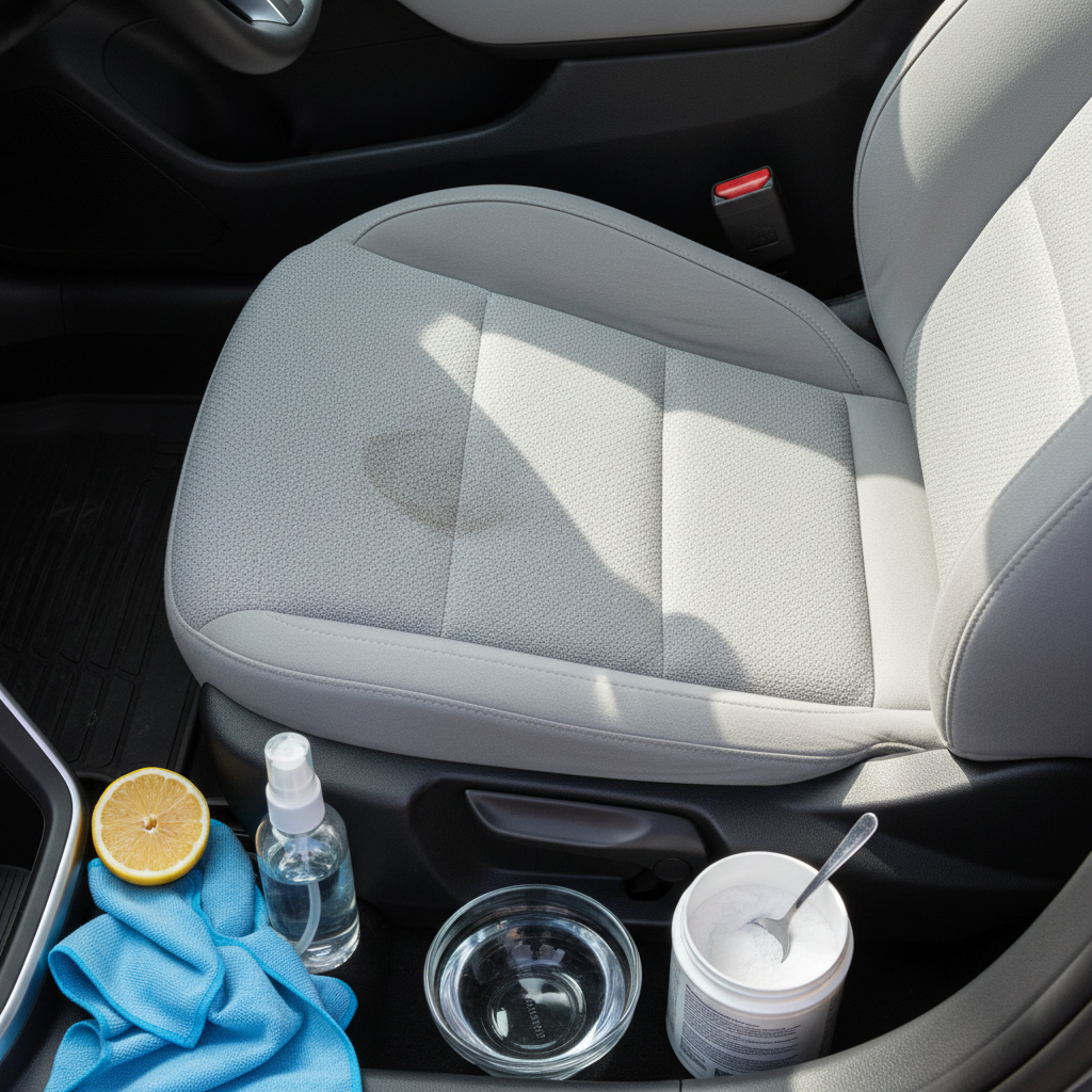 A bright, overhead professional photograph or high-quality digital illustration of a modern car's fabric interior, focusing on a driver's seat with a subtle, dried water stain. Neatly arranged around the seat on the car floor or dashboard are various generic household items, such as a small spray bottle, a soft microfiber cloth, a bowl of water, a lemon half, and a small container of baking soda. The composition should convey a sense of gentle yet effective cleaning solutions for common car seat issues.