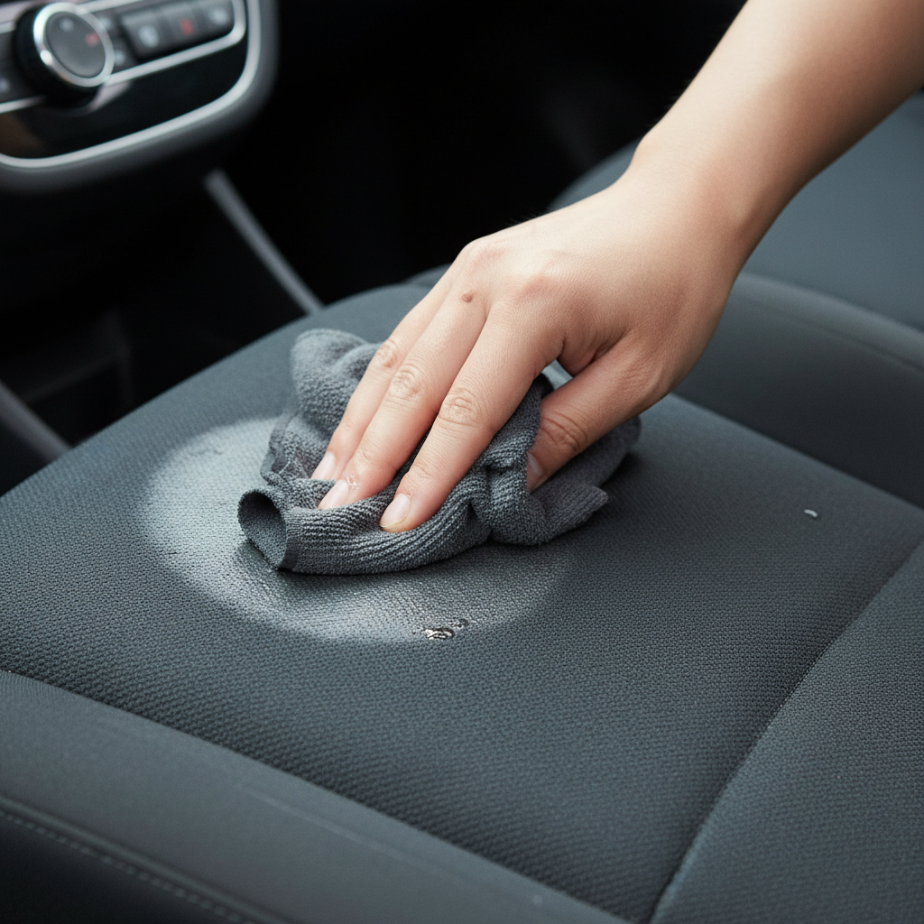 A close-up, detailed realistic photograph or digital painting of a hand gently dabbing or wiping a dried water stain on a dark grey or beige fabric car seat. The hand holds a generic spray bottle or a soft, damp cloth. The focus is sharp on the cleaning action and the texture of the fabric, with the background of the car interior slightly blurred, suggesting a practical, hands-on approach to stain removal using simple methods.