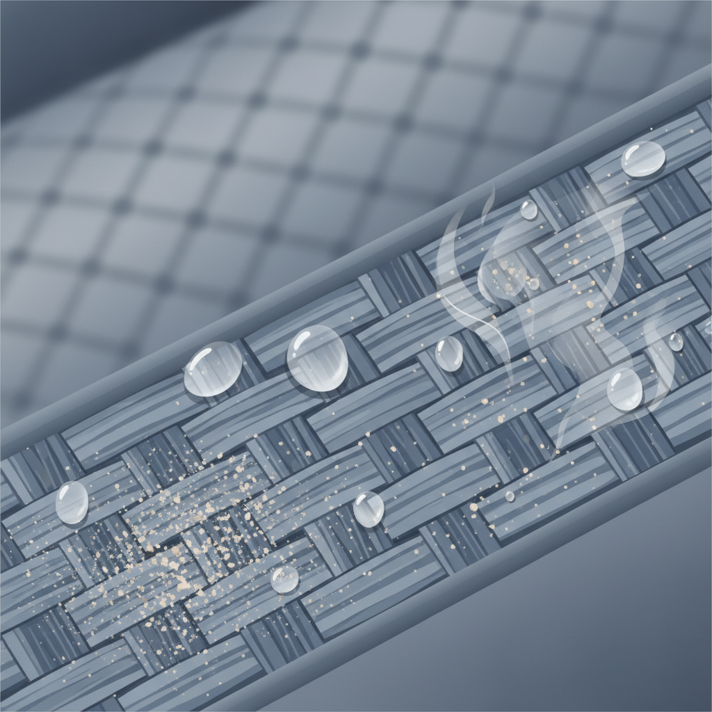 A detailed, close-up flat illustration depicting the microscopic process of water evaporation on car seat fabric. Transparent water droplets are shown on the fabric's fibers, with some actively dissipating into vapor. As the water recedes, tiny, crystalline mineral residues, like white or pale flecks, are left behind on the individual fabric strands, clearly illustrating the formation of a water stain. The background subtly blurs into the seat's texture, maintaining focus on the scientific phenomenon. Clean, educational infographic style.