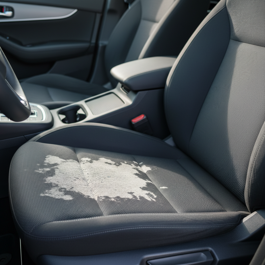 A professional photograph showcasing the interior of a contemporary car, specifically focusing on the front passenger seat. The seat, upholstered in a dark grey or charcoal fabric, prominently displays a dried water stain. The stain is a noticeable, lighter-colored, irregular patch that stands out against the clean upholstery, visually emphasizing the imperfection. Natural light from a car window gently illuminates the scene, highlighting the texture and contrast between the stained and clean areas. Realistic and high-definition photography style.
