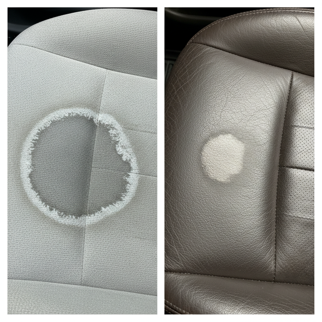 A split image focusing on a car interior. On the left, a close-up of a light grey fabric car seat with a pronounced, irregular-shaped water stain, showing a visible ring of residue and slightly darker texture. On the right, a close-up of a dark brown leather car seat with a more subtle, dried water mark, creating a dull discoloration and slight texture change. The lighting should emphasize the texture and visual impact of the stains on both material types, conveying the common problem discussed in the article. High-resolution, realistic product photography.