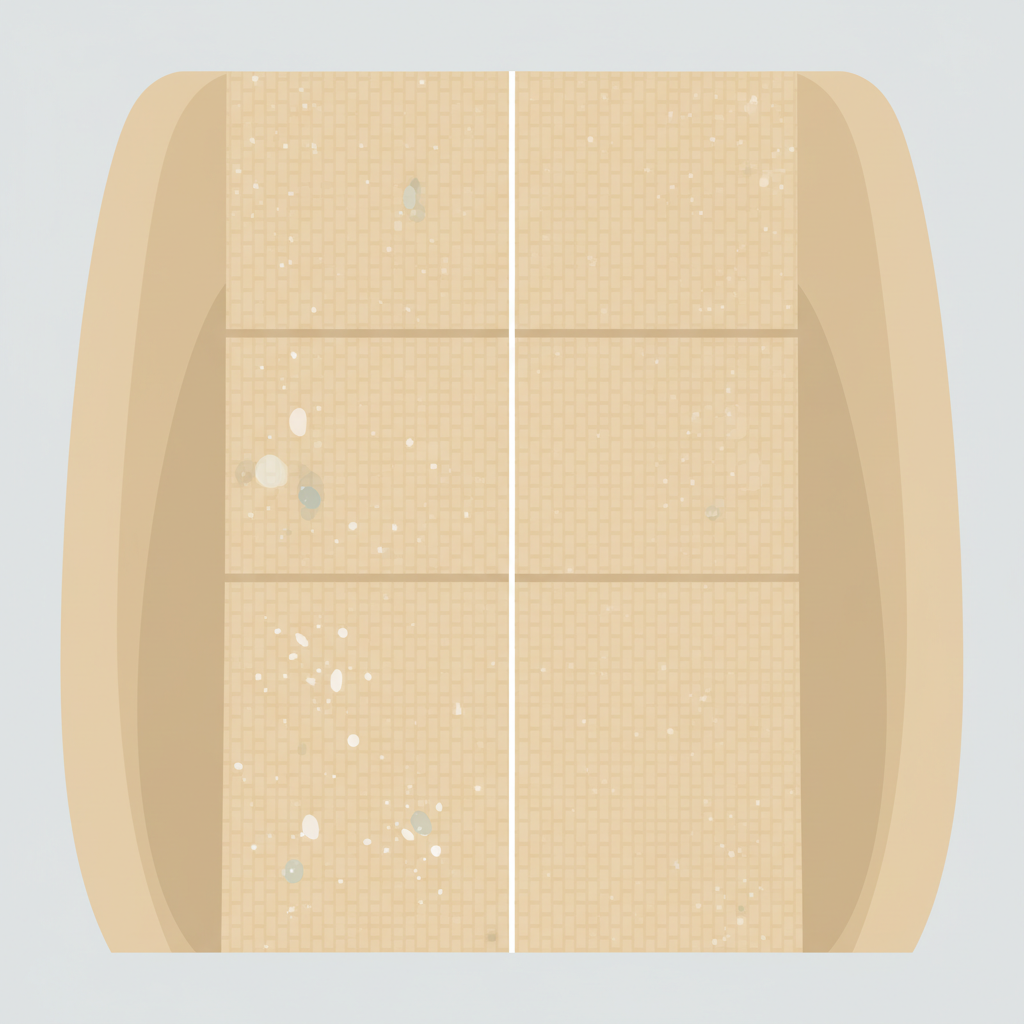 A clean, modern flat illustration contrasting two states of a car seat. On the left, a close-up section of a beige fabric car seat with subtle, translucent water droplet shapes and small mineral-like particles visually embedded in its texture, representing water stains and residue. On the right, the identical car seat section appears pristine and completely clean, without any blemishes or particles. The illustration should clearly depict the 'before and after' effect of removing water stains, using soft shadows and a light color palette to maintain a professional, helpful tone.