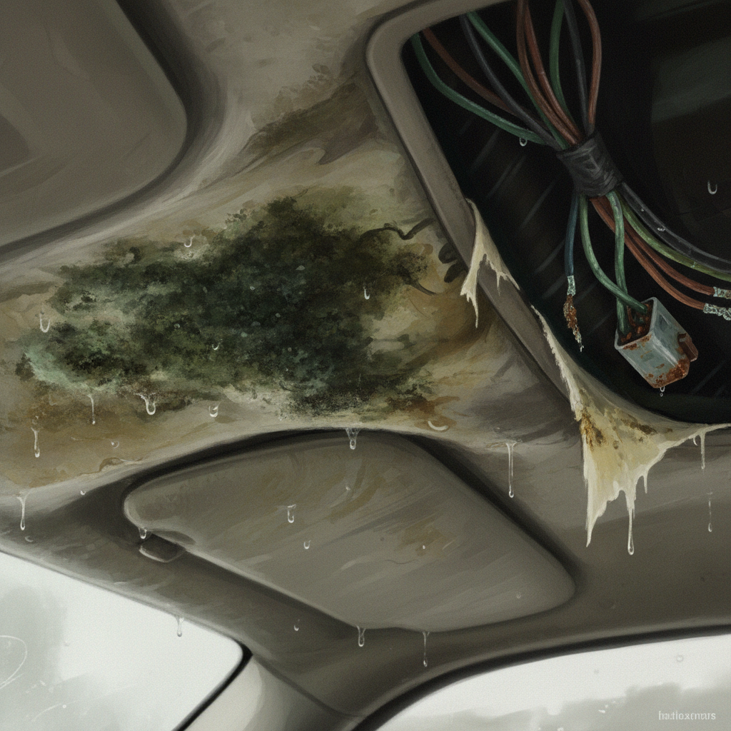 A detailed, realistic digital painting or stylized illustration showcasing the detrimental effects of water damage on a car's headliner. The image features a close-up of a damp, discolored headliner section. Clearly visible is a patch of green and black mold growth, emphasizing the health hazard. Adjacent to the mold, the headliner fabric appears warped, sagging, and discolored, illustrating material degradation. In the background, very subtly, a hint of corroded wiring or a damaged electrical component could be suggested, alluding to potential electrical issues, making the dangers tangible.