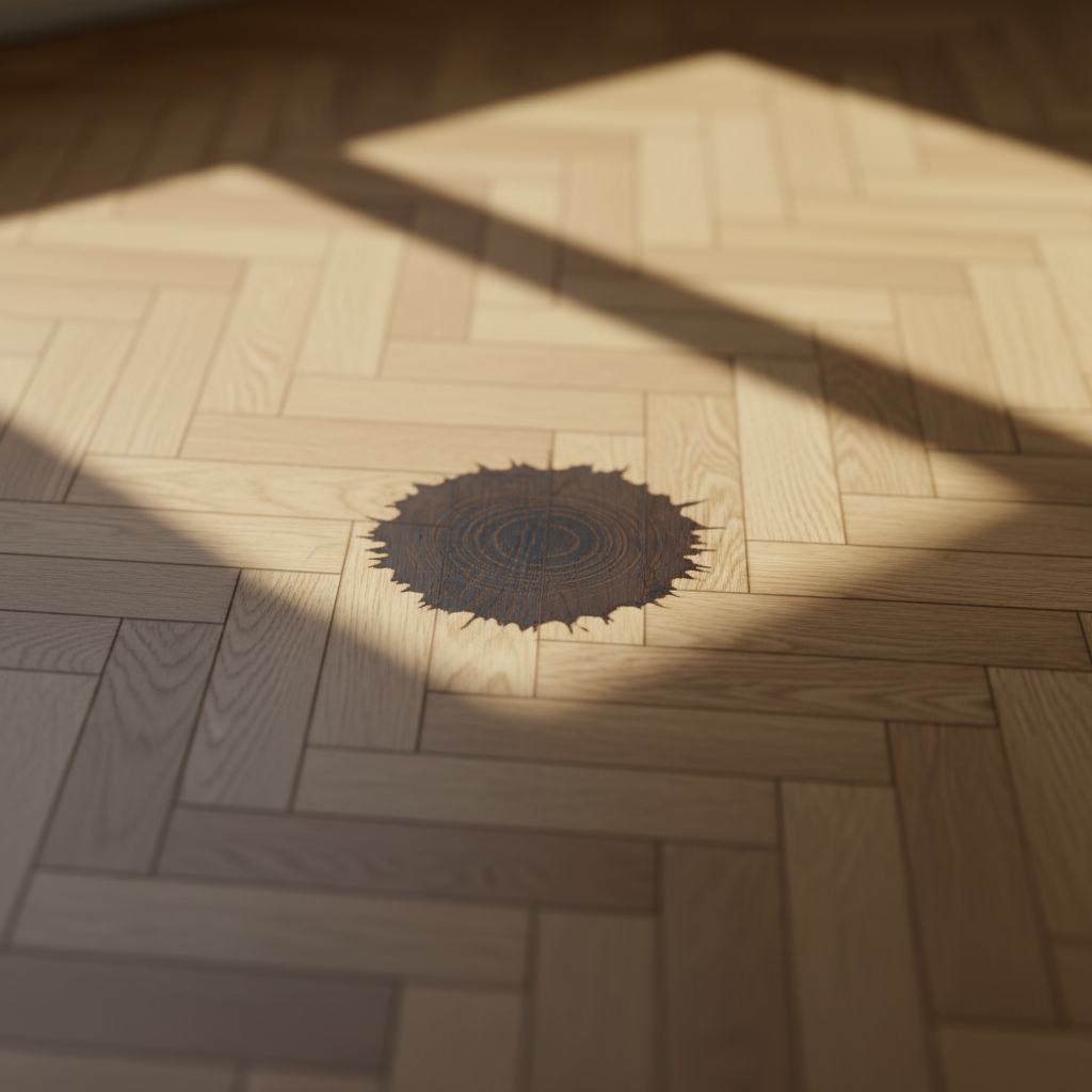 A professional, slightly melancholic photo capturing a close-up of a light-colored parquet floor. The scene features a distinct, dark, circular water stain prominent against the warm wooden planks. Sunlight gently illuminates the floor, highlighting the intricate wood grain and the frustrating contrast between the pristine wood and the unsightly discoloration. The focus is solely on the damaged area, emphasizing the problem without any human presence, conveying the common issue homeowners face.