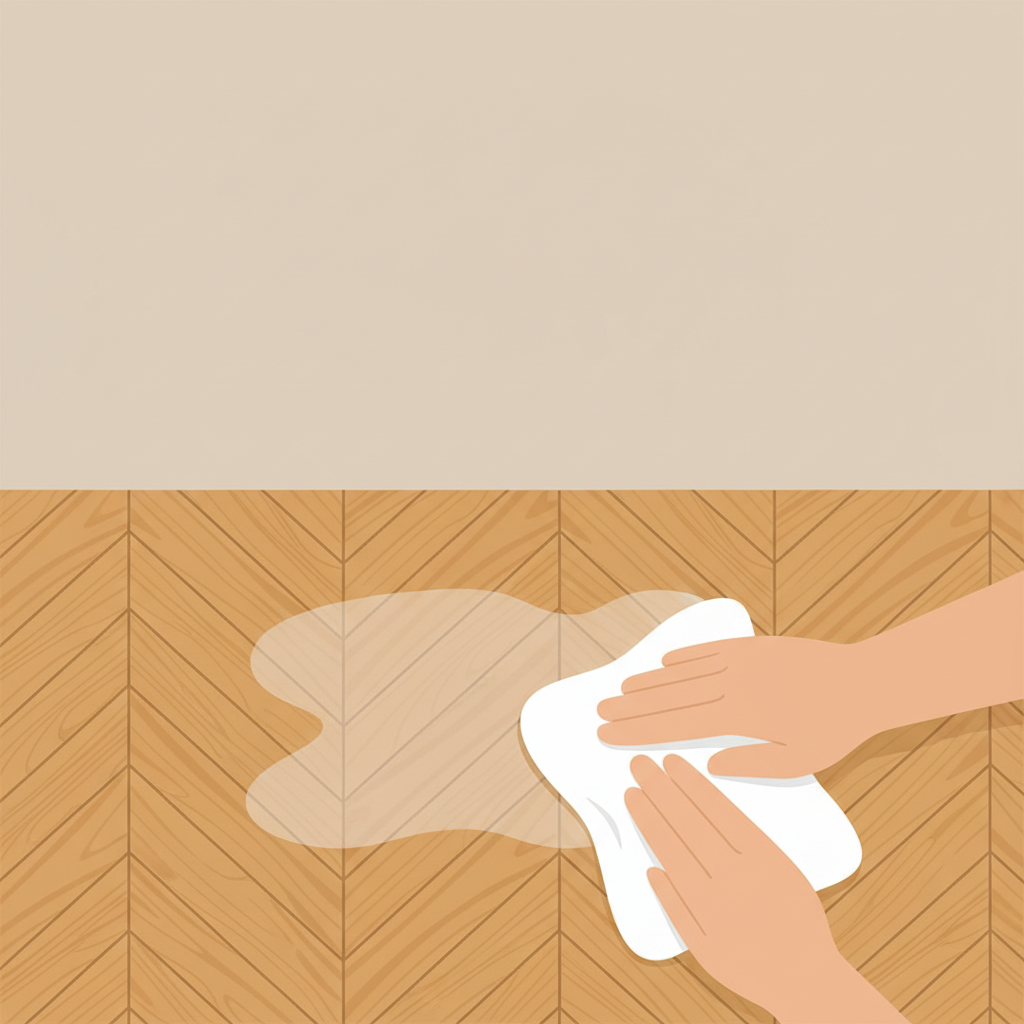 A bright, clean flat illustration in a modern, slightly minimalist style. The image depicts a pair of generic hands (gender-neutral) gently dabbing a subtle water stain on a parquet floor with a soft, clean cloth. One half of the stain appears lighter or faded, suggesting progress in removal. The parquet planks are clearly visible, with a warm, inviting tone. The focus is on the action of treatment and restoration, conveying a sense of solution and care without showing any specific products or brands.