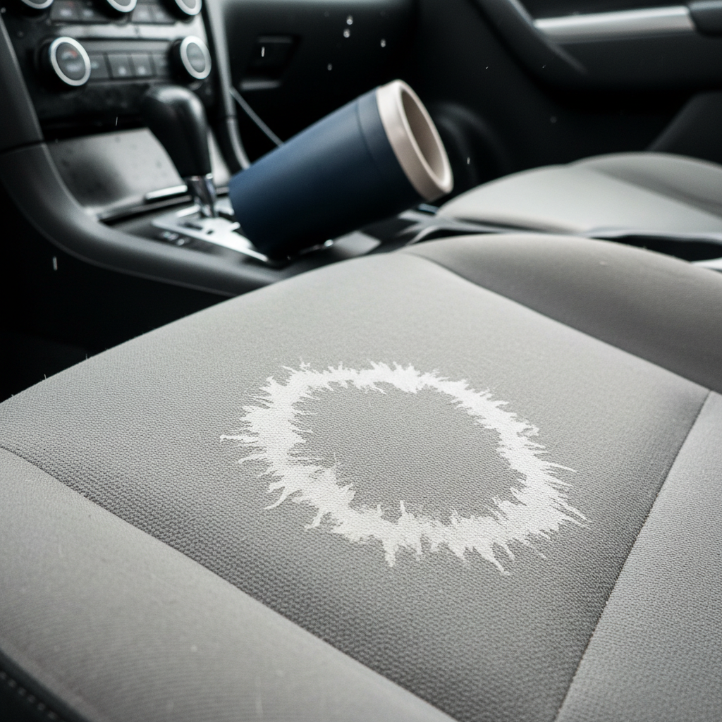 A high-resolution, professional photo depicting a close-up of light grey fabric car upholstery. A prominent, dried water stain, appearing as an irregular, lighter ring or patch, is clearly visible on the seat cushion. In the blurred background, subtly hint at a common cause: a tilted, nearly empty coffee cup sits on the center console, and a few raindrops are visible on the closed car window. The lighting should be natural, emphasizing the texture of the fabric and the unsightly appearance of the stain, conveying the problem effectively for a blog article.