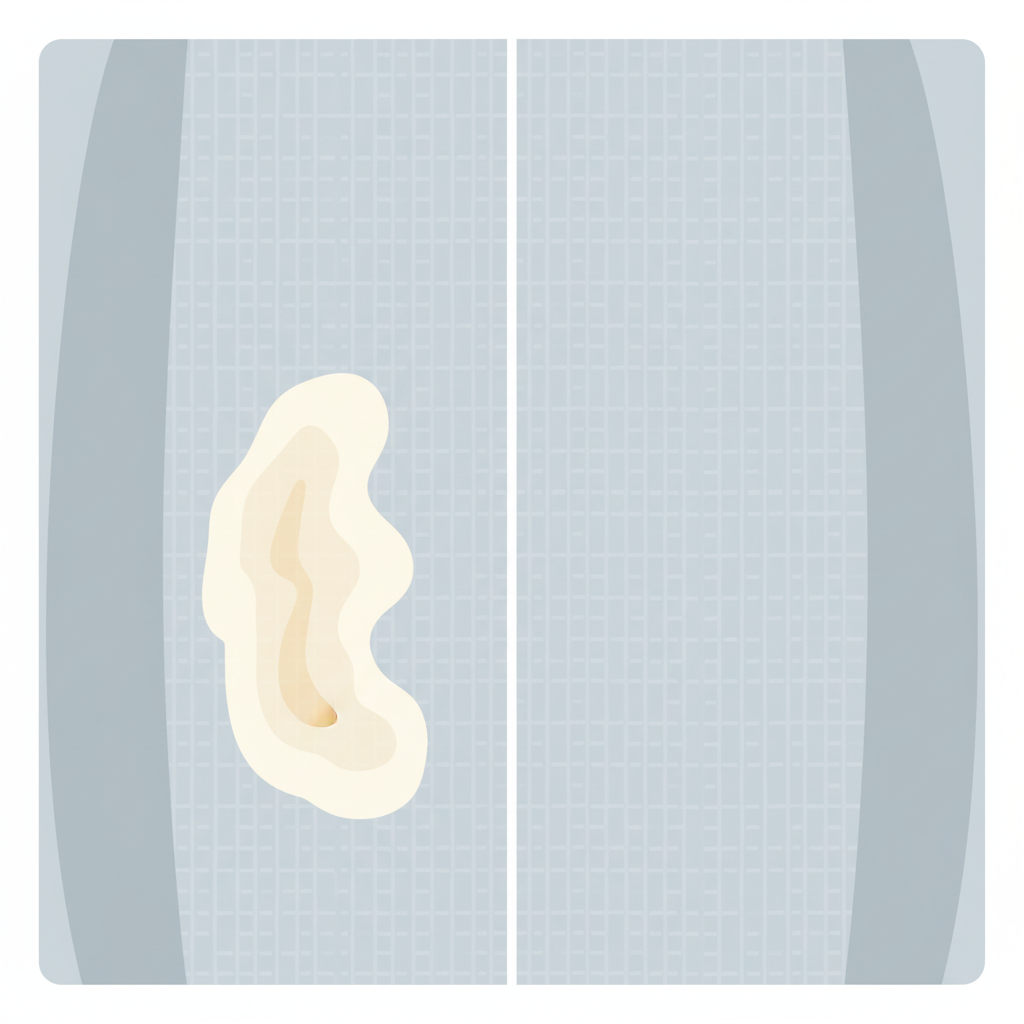 A clean and modern flat illustration showcasing a car seat's fabric upholstery in a 'before and after' style. The left side of the illustration displays a section of the seat with a distinct, light-colored water stain, highlighting its rough texture or discolored appearance. The right side shows the identical section of upholstery looking perfectly clean, uniform in color, and fresh, with no trace of the stain. The overall composition should be bright and optimistic, visually representing the successful removal of water spots and the restoration of the car interior's aesthetic.