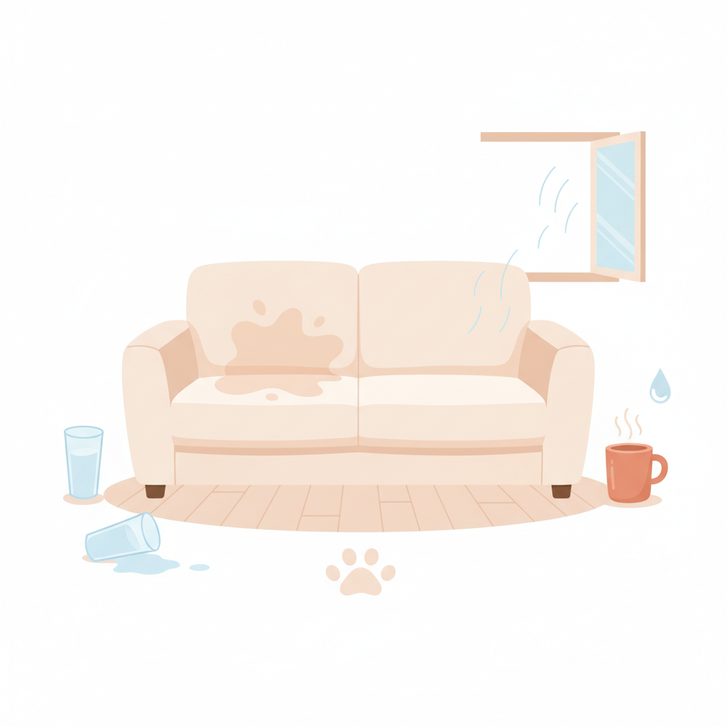 A modern, light-colored fabric sofa is depicted with a prominent, slightly irregular water stain on one cushion, clearly illustrating the problem. Around the sofa, small, symbolic elements represent common causes without being distracting. These include a tipped-over glass of water, a subtle outline of a pet paw print on the floor, a few gentle raindrops falling near an open window, and a condensation droplet forming near a warm mug. The overall scene should be clean and informative. Flat illustration with soft shadows and a warm color palette, suitable for a lifestyle blog.