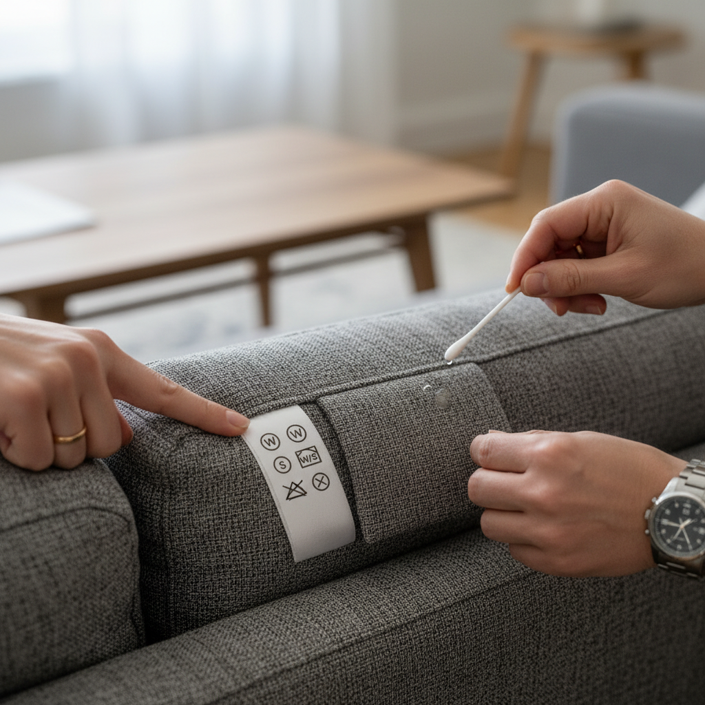 A professional close-up photograph showcasing the crucial steps of material testing on a sofa. The scene focuses on human hands interacting with the upholstery. In one area, a hand gently points to a care label attached to the underside of a sofa cushion, where symbols like 'W', 'S', 'W/S', and 'X' are visible, indicating cleaning instructions. In another adjacent area, a different hand is carefully applying a small, clear drop of liquid using a cotton swab to an inconspicuous, hidden patch of the sofa fabric, demonstrating a patch test for compatibility. Professional photo with clear focus and natural lighting.