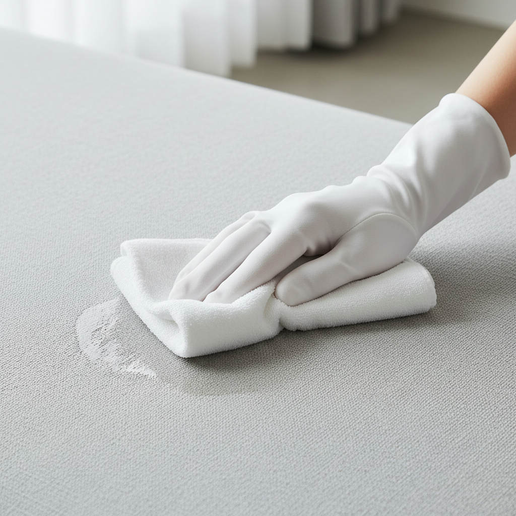 A close-up, top-down shot of a hand wearing a simple, clean white glove gently dabbing a visible, but fading, water stain on a light grey fabric sofa with a clean, white microfibre cloth. The focus is on the gentle blotting motion, showing a slight absorption of moisture into the cloth. The sofa fabric texture is clearly visible, hinting at its softness. The background is softly blurred, keeping the focus on the cleaning action. Bright, natural lighting illuminates the scene, conveying a sense of cleanliness and effectiveness. Professional photo style.