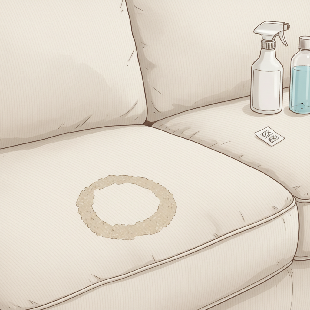 A detailed, slightly angled close-up on a plush, light-colored fabric sofa, showcasing a distinct, dried water ring stain. The stain is visible as a slightly darker or discolored circular mark on the upholstery. In the soft-focus background, a generic, unbranded spray bottle (implied cleaning solution) and a small, unreadable fabric care label are subtly present, hinting at the preparation steps before stain removal. The lighting is soft and even, highlighting the texture of the sofa fabric and the subtle nature of the stain. Realistic illustration style.