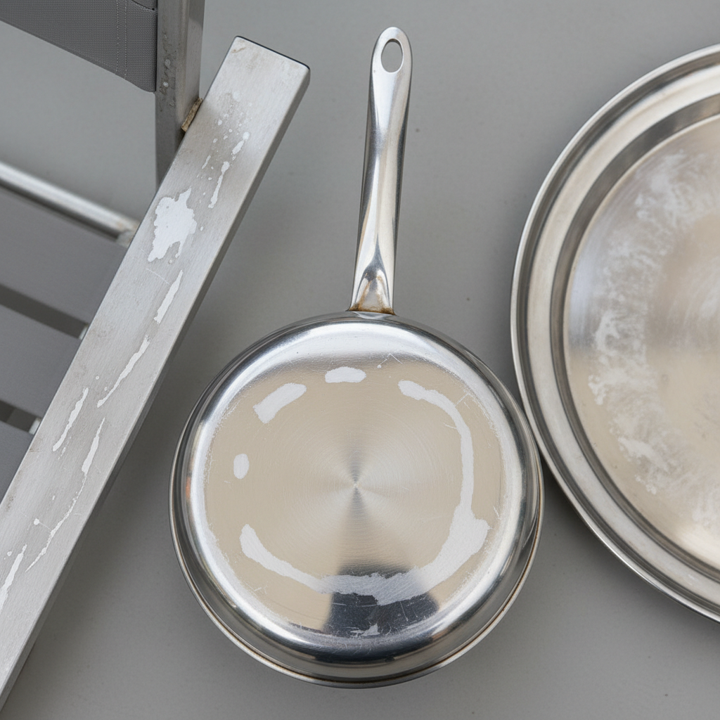 A professional, close-up photograph showcasing various aluminum objects suffering from prominent water stains. The composition includes a gleaming silver aluminum saucepan with visible matte white water rings on its base, a section of a brushed aluminum garden chair armrest with streak-like mineral deposits, and a decorative polished aluminum tray displaying faint, dull circular marks. The image should emphasize the contrast between the shiny, unaffected aluminum areas and the unsightly, etched water spots, clearly illustrating the problem discussed in the article. The lighting should be bright and even, highlighting the metallic texture and the imperfections.