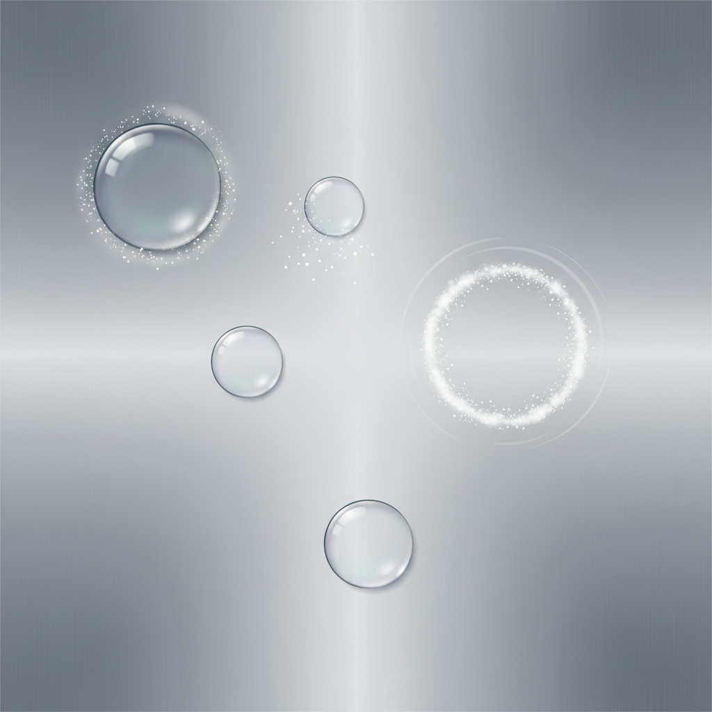 A crisp, infographic-style illustration depicting the process of water stain formation on an aluminum surface. The image shows a smooth, metallic grey aluminum surface with several clear water droplets. One droplet is shown mid-evaporation, with faint, crystalline white mineral deposits beginning to form where the water receded. Another droplet has completely evaporated, leaving behind a clearly defined, circular white residue, visually representing hard water minerals etching into the aluminum's protective layer. The style should be clean, modern, and conceptually clear, using subtle gradients for metallic sheen and transparent effects for water.