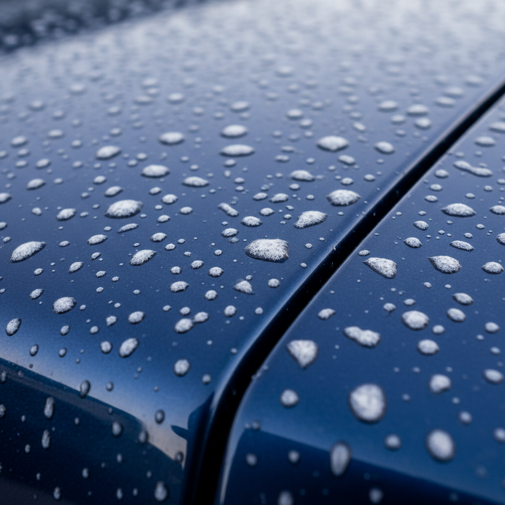 A close-up, professional macro photo of a dark, glossy car surface (e.g., metallic black or deep blue) with numerous distinct, dried white water spots. The spots are clearly visible, contrasting sharply with the reflective paint, showing various sizes and shapes. Some spots exhibit a subtle textured residue. The focus should be on the aesthetic damage caused by the spots, making the paint appear dull and unclean. The background is softly blurred, indicating the car body. The lighting enhances the contrast between the shiny paint and the cloudy mineral deposits.